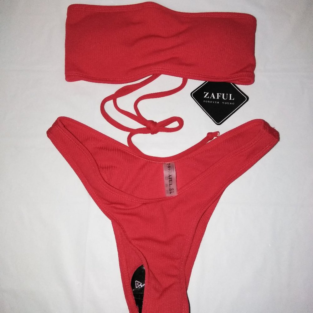 Zaful Ribbed Lace-up Tube Bikini